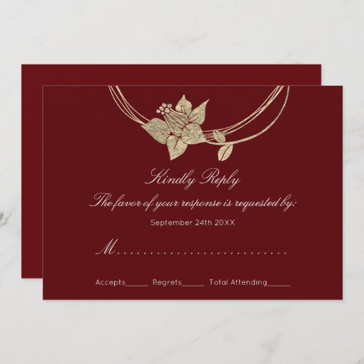 Invitation Réponse Burgundy Marron Or Couronne Fleurie Mariag (Devant / Derrière)