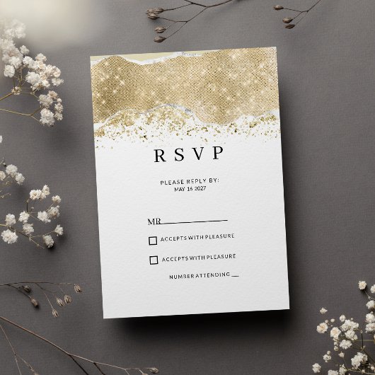 Invitation Réponse de luxe blanche avec paillettes argent et