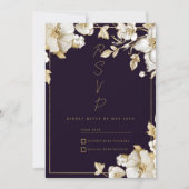 Invitation Réponse de luxe fleurale violet foncé et or blanc (Devant)