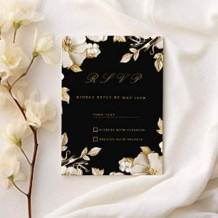 Invitation Réponse de luxe noire et or florale RSVP