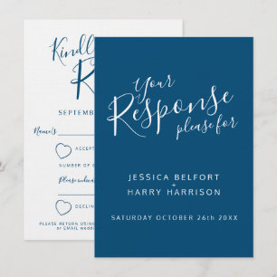 Invitation Réponse de mariage à cœur blanc bleu RSVP