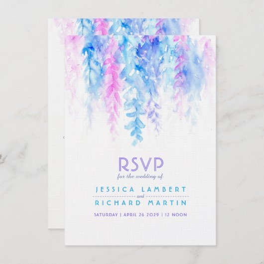 Invitation Réponse de mariage à l'aquarelle bleu violet en ca (Devant / Derrière)