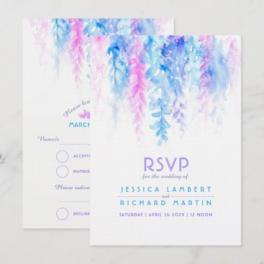 Invitation Réponse de mariage aquarelle bleu violet en cascad (Devant / Derrière)