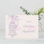 Invitation Réponse de mariage avec des oiseaux violets et ros (Debout devant)