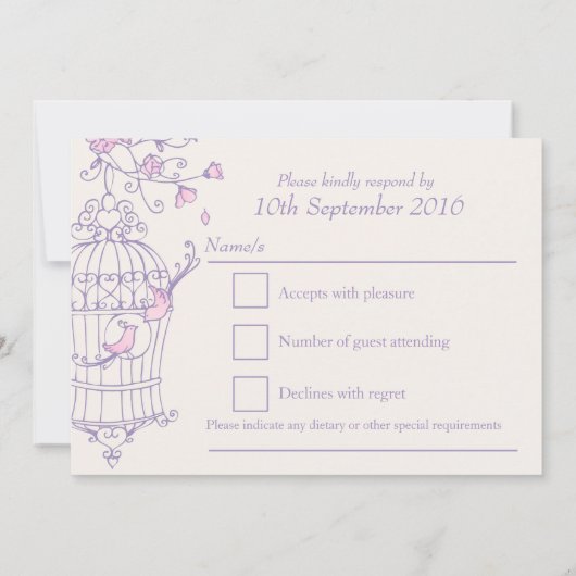Invitation Réponse de mariage avec des oiseaux violets et ros (Dos)