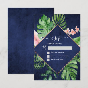 Invitation Réponse de mariage bleu marine à aquarelle de palm