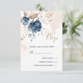 Invitation Réponse de mariage bleu marine et or floral (Debout devant)