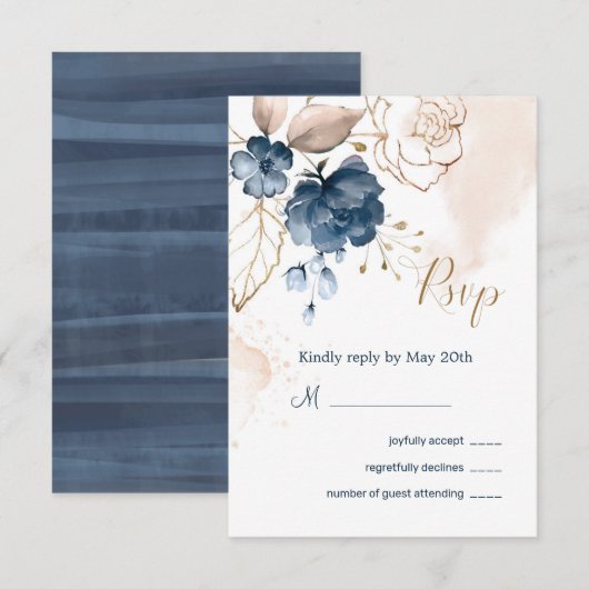Invitation Réponse de mariage bleu marine floral et or (Devant / Derrière)