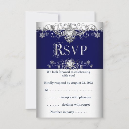 Invitation Réponse de mariage bleu royal diamant cœurs (Dos)