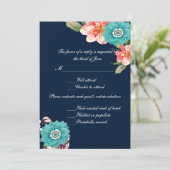 Invitation Réponse de mariage botanique floral bleu et rose (Debout devant)