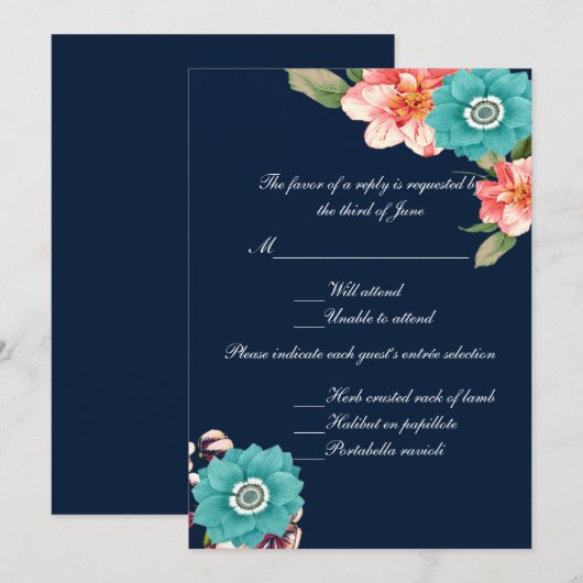 Invitation Réponse de mariage botanique floral bleu et rose (Devant / Derrière)