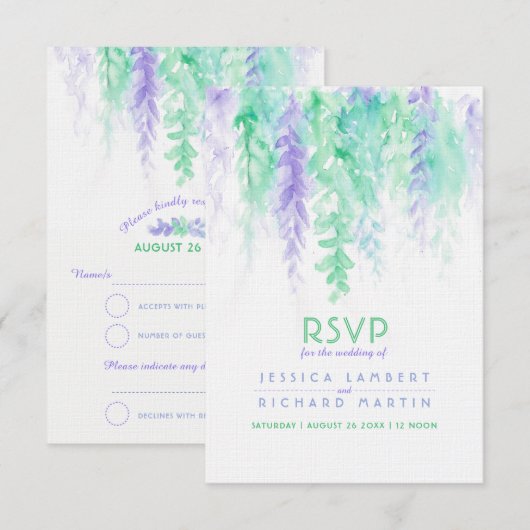 Invitation Réponse de mariage cascade aquarelle verte violet (Devant / Derrière)