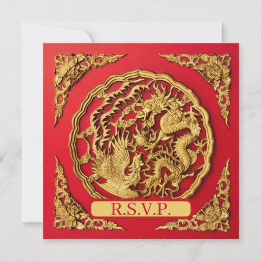Invitation Réponse de mariage chinois Dragon Phénix Rouge Or (Devant)