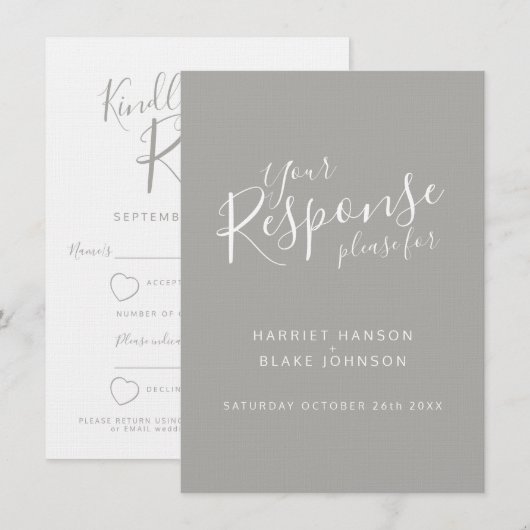 Invitation Réponse de mariage cœur blanc gris (Devant / Derrière)
