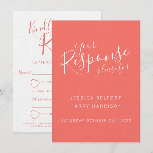 Invitation Réponse de mariage coeur blanc orange corail vivan (Devant / Derrière)