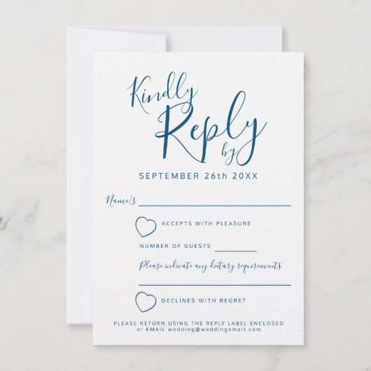 Invitation Réponse de mariage coeur bleu blanc RSVP (Dos)