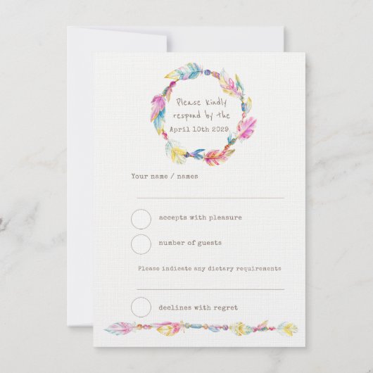 Invitation Réponse de mariage couronne bohème plume autochton (Dos)
