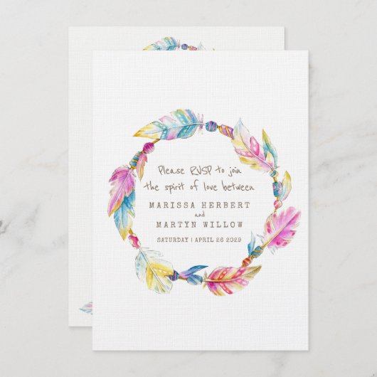 Invitation Réponse de mariage couronne bohème plume autochton (Devant / Derrière)