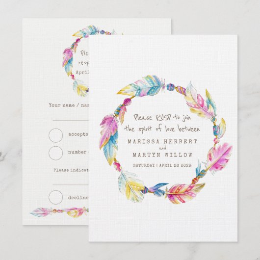 Invitation Réponse de mariage couronne de fleurs boho plume t (Devant / Derrière)