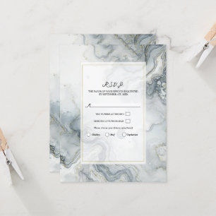 Invitation Réponse de mariage de plage Bleu Gris & Or Aquarel