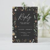 Invitation Réponse de mariage élégant botanique floral noir h (Debout devant)