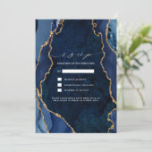 Invitation Réponse de mariage en marbre et agate dorée Navy (Debout devant)