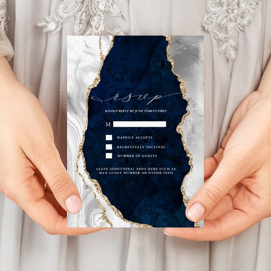Invitation Réponse de mariage en marbre Navy, agate blanche e