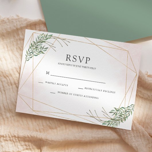 Invitation Réponse de mariage Feuilles Vertes & Blush