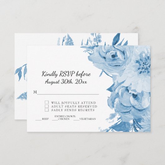 Invitation Réponse de mariage floral aquarelle bleu clair et  (Devant / Derrière)