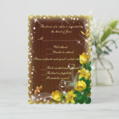 Invitation Réponse de mariage floral jaune en bois foncé rust (Debout devant)