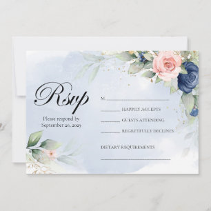 Invitation Réponse de mariage floral Navy et Blush