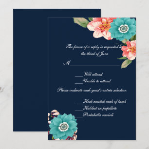 Invitation Réponse de mariage florale bleue et rose botanique