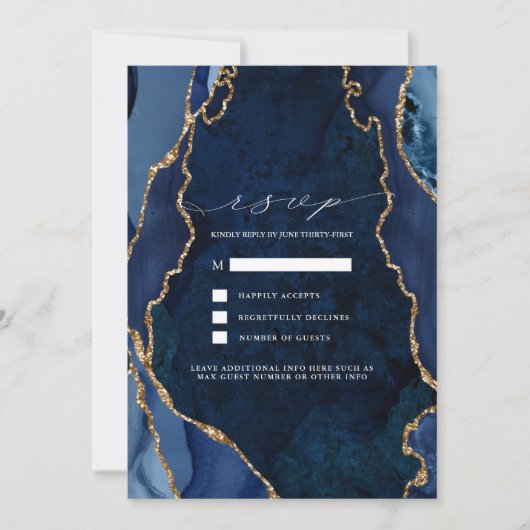 Invitation Réponse de mariage Navy Marble & Gold Agate (Devant)