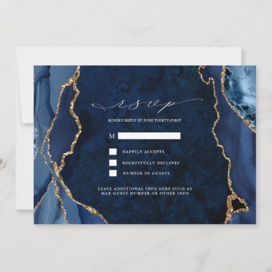 Invitation Réponse de mariage Navy Marble & Gold Agate (Devant)