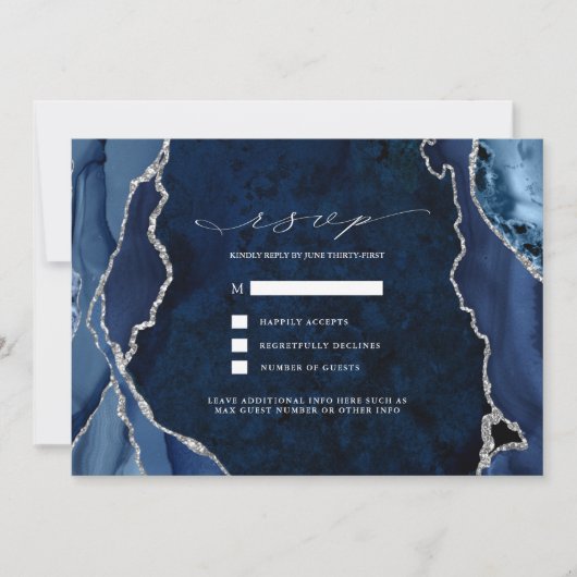 Invitation Réponse de mariage Navy Marble & Silver Agate (Devant)