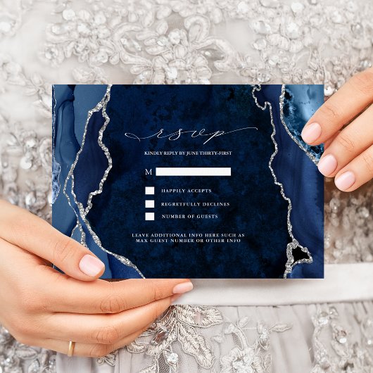 Invitation Réponse de mariage Navy Marble & Silver Agate