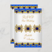 Invitation Réponse de mariage or bleu royal gemme blanc (Devant / Derrière)