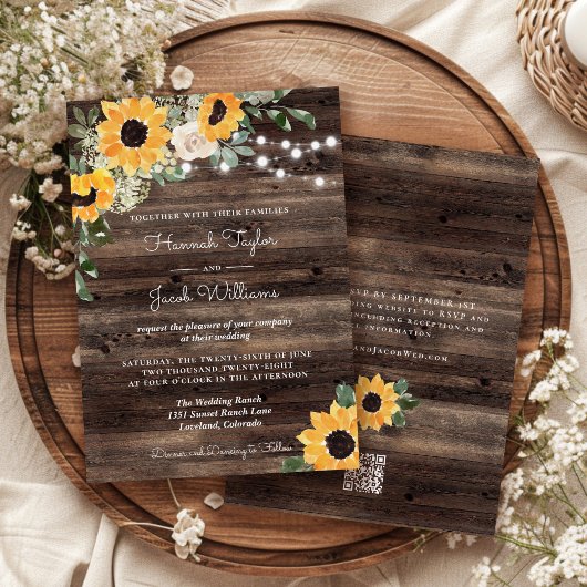 Invitation Réponse de mariage QR Code Bois Tournesol Rustique