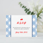 Invitation Réponse de mariage rustique de gingham bleu (Debout devant)