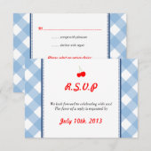 Invitation Réponse de mariage rustique de gingham bleu (Devant / Derrière)