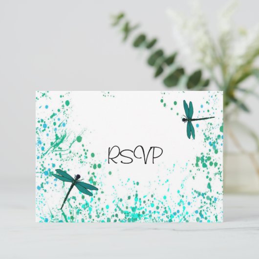 Invitation Réponse de réception de mariage Libellules sarcell (Debout devant)