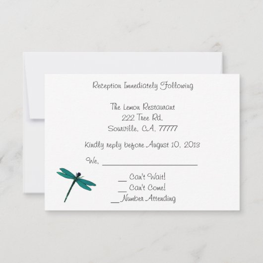 Invitation Réponse de réception de mariage Libellules sarcell (Dos)