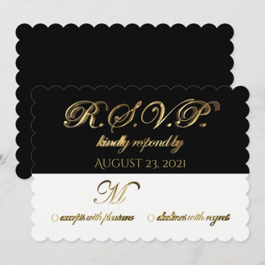 Invitation Réponse de réponse de mariage RSVP noir blanc or (Devant / Derrière)