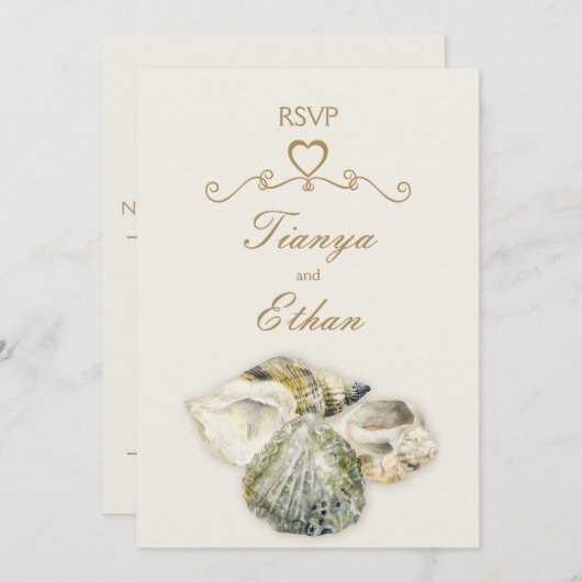 Invitation Réponse de RSVP de mariage d'art de coquillages de (Devant / Derrière)