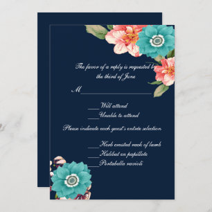 Invitation Réponse du Mariage botanique bleu et rose