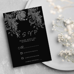 Invitation Réponse élégante en dentelle florale noire et blan