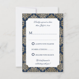 Invitation Réponse Élégante en Or avec Motif Damassé sur Fond