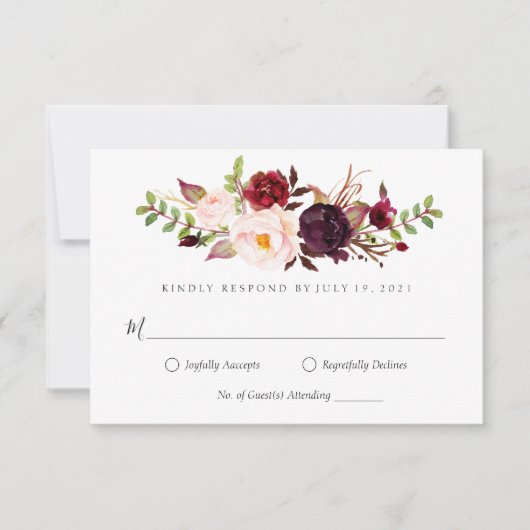 Invitation Réponse mariage floral bordeaux Marsala (Devant)