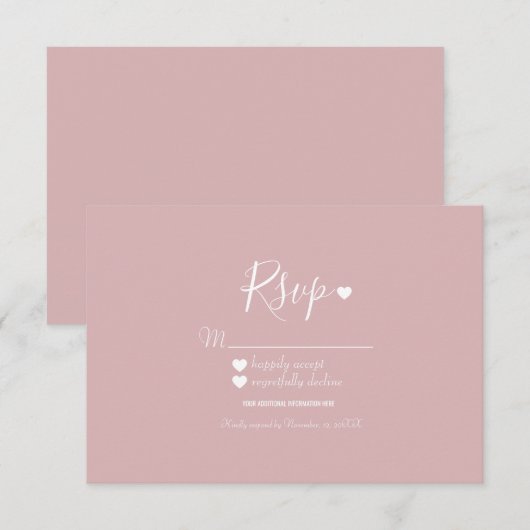 Invitation Réponse moderne simple rose et coeurs RSVP (Devant / Derrière)