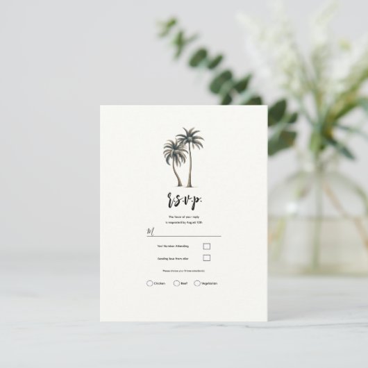 Invitation Réponse pour mariage rustique côtier sous palmiers (Debout devant)